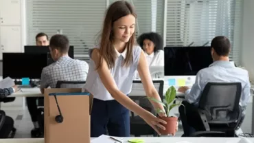 Person richtet einen Arbeitsplatz mit einer Pflanze und einem Karton im Büro ein.