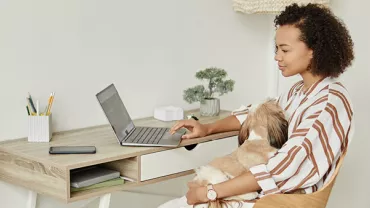 Person arbeitet am Laptop mit Hund auf dem Schoß.